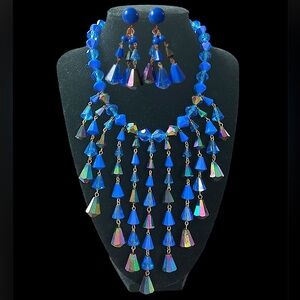 Vintage Signed Germany Blue Aurora Borealis Necklace and Earring Set